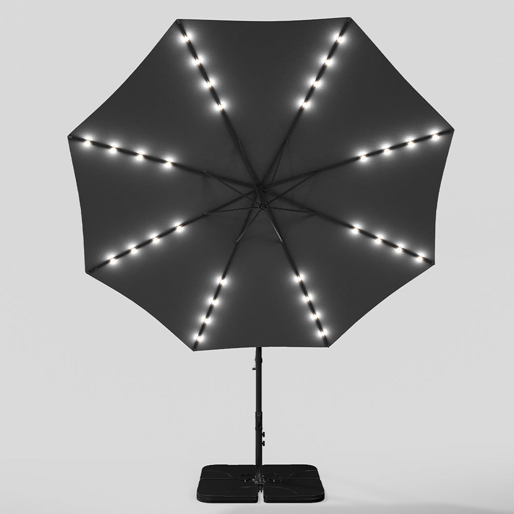 3M Large Garden Hanging LED Parasol Cantilever Sun Shade Banana Umbrella with Cross Base, Dark Grey