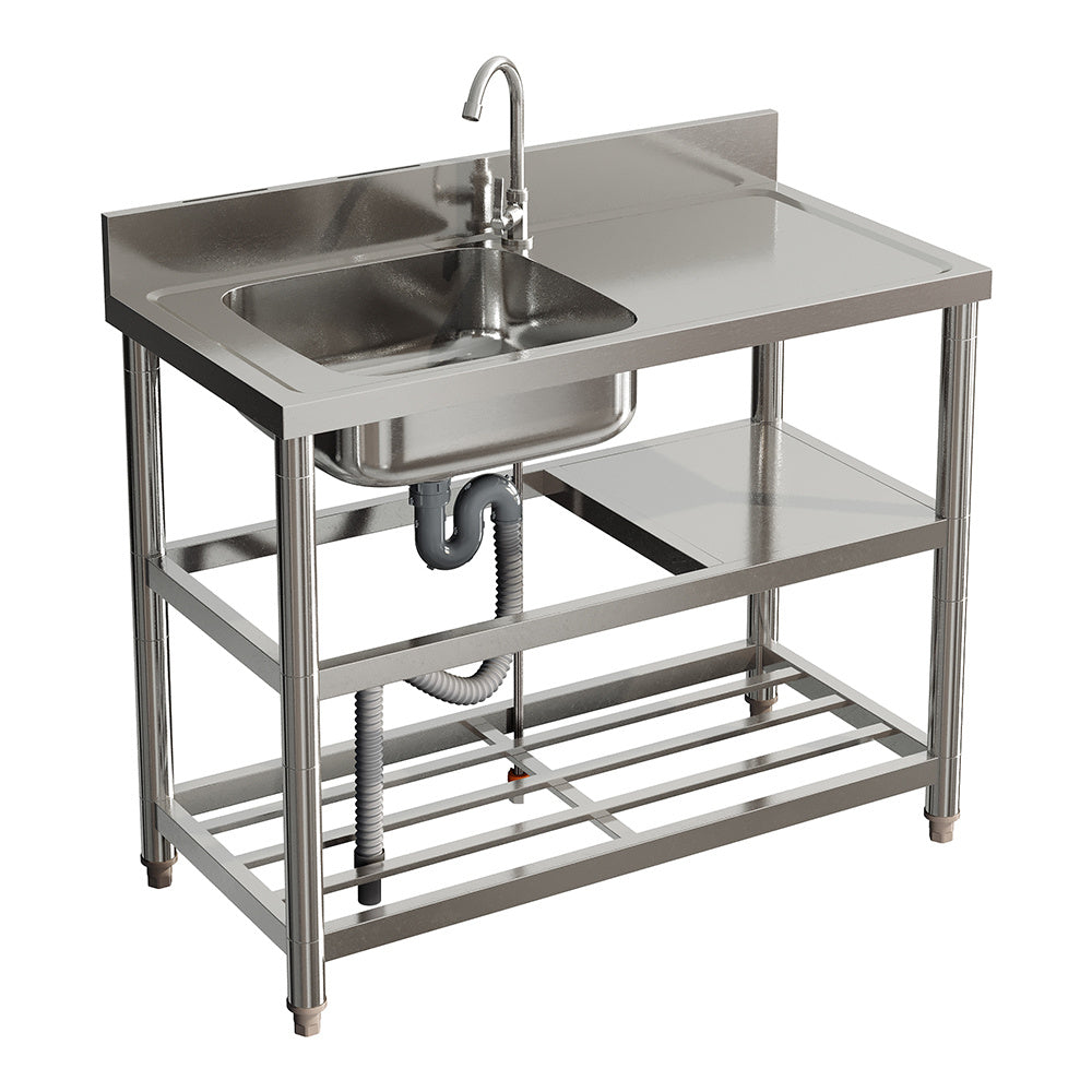 Silver 100cm W Stainless Steel Compartment Sink with Shelves