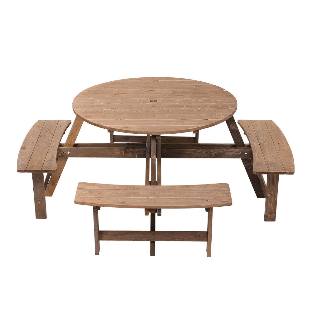 8 Person Round Wood Picnic Table and Bench Set