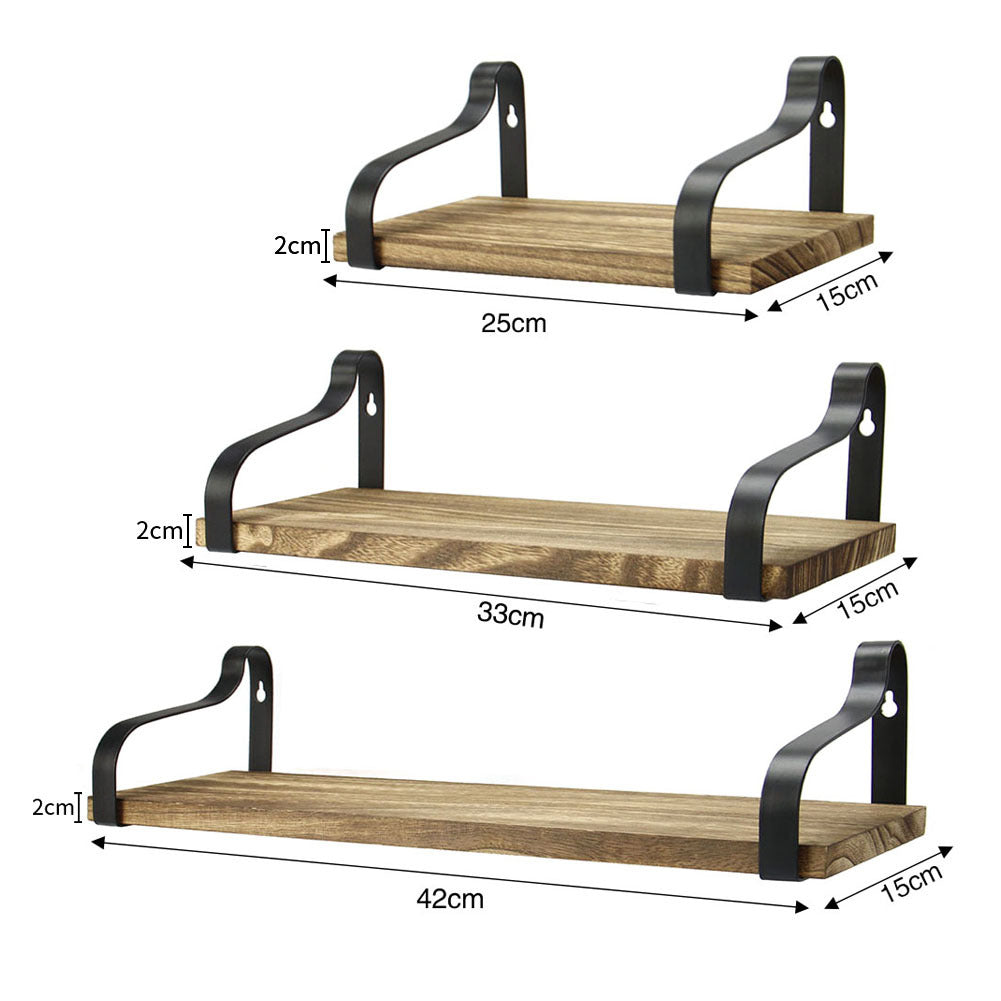Set of 3 Floating Industrial Wall Shelves Wood Metal Minimalist Storage Unit