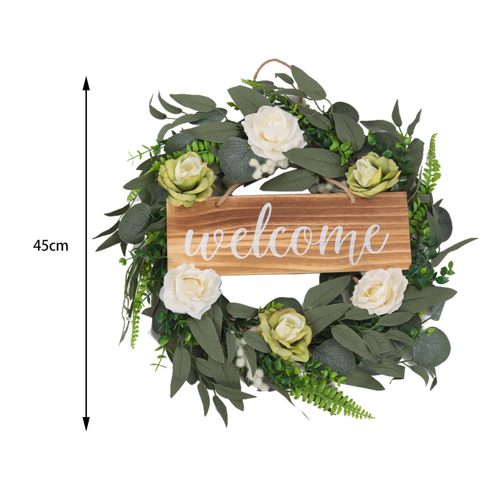 Door Decor Artificial Rose Flower Wreath with Welcome