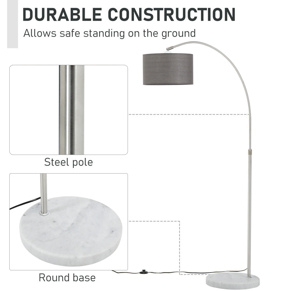High Adjustable Arched Floor Lamp with Marble Base Cloth Lampshade, Grey