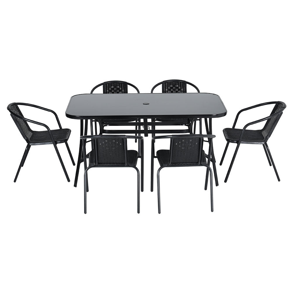 Set of 7 Garden 150CM Rectangle Glass Umbrella Table and Stackable Chairs Set