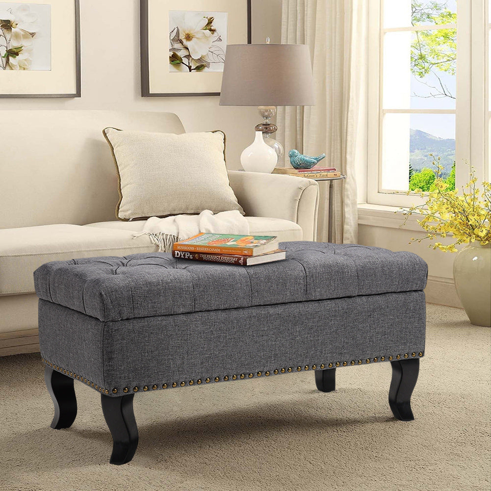 Linen Upholstered Chesterfield Buttoned Footstool Grey