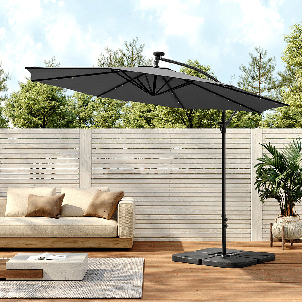 3M Large Garden Hanging LED Parasol Cantilever Sun Shade Banana Umbrella with Cross Base, Dark Grey