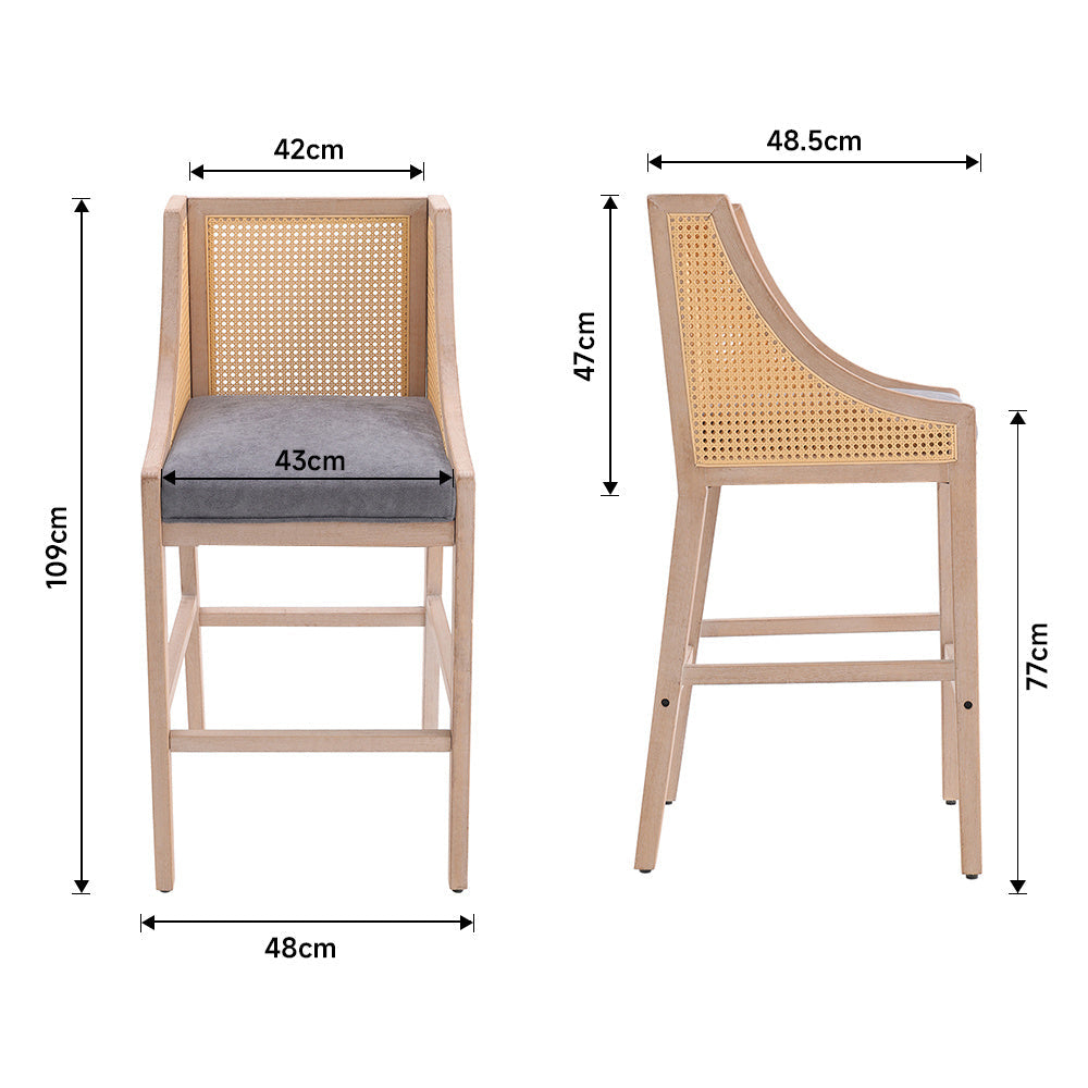2Pcs Natural Rattan Bar Stools Kitchen Stools with Backrest,Grey