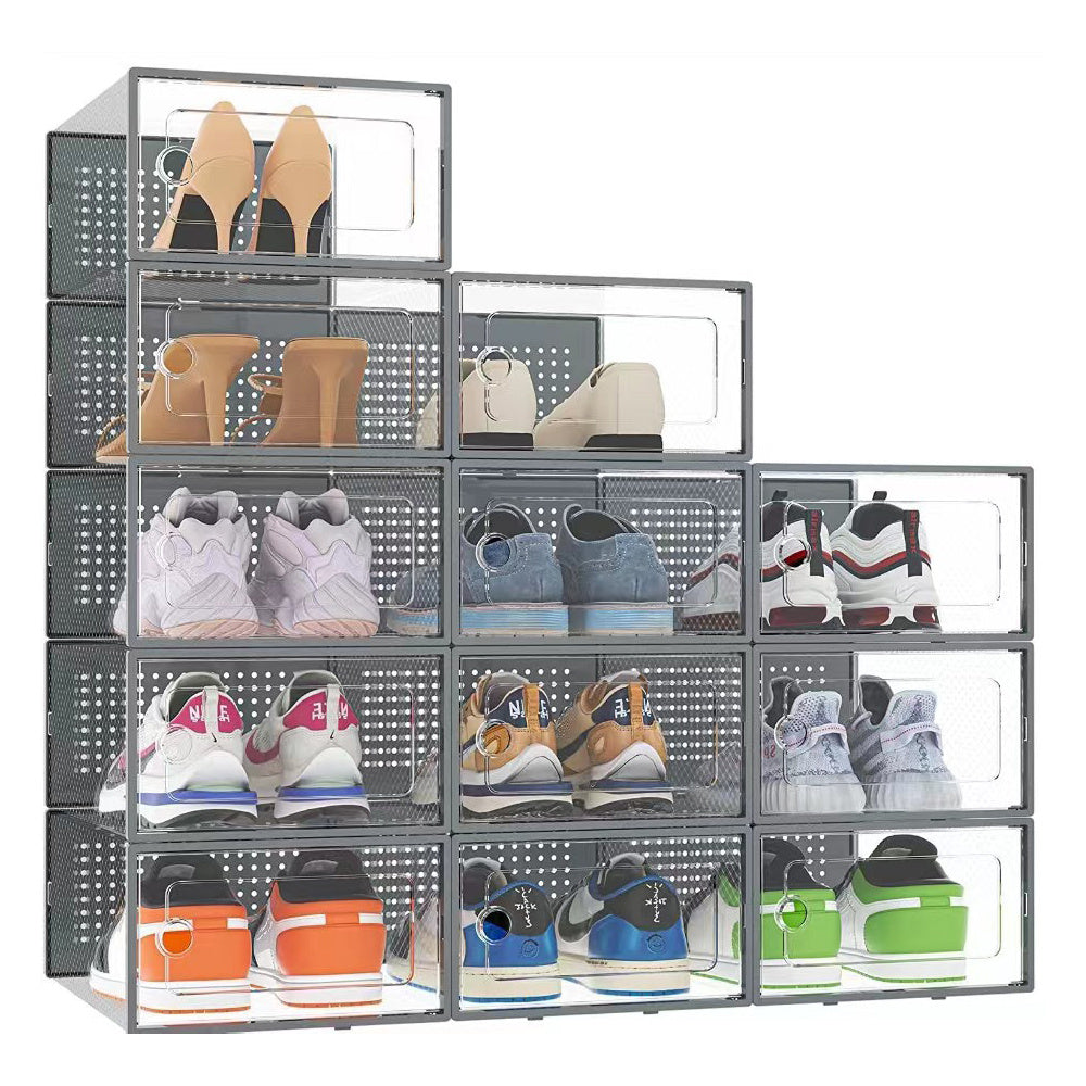 Grey 12 Stackable Shoe Storage Box Organiser