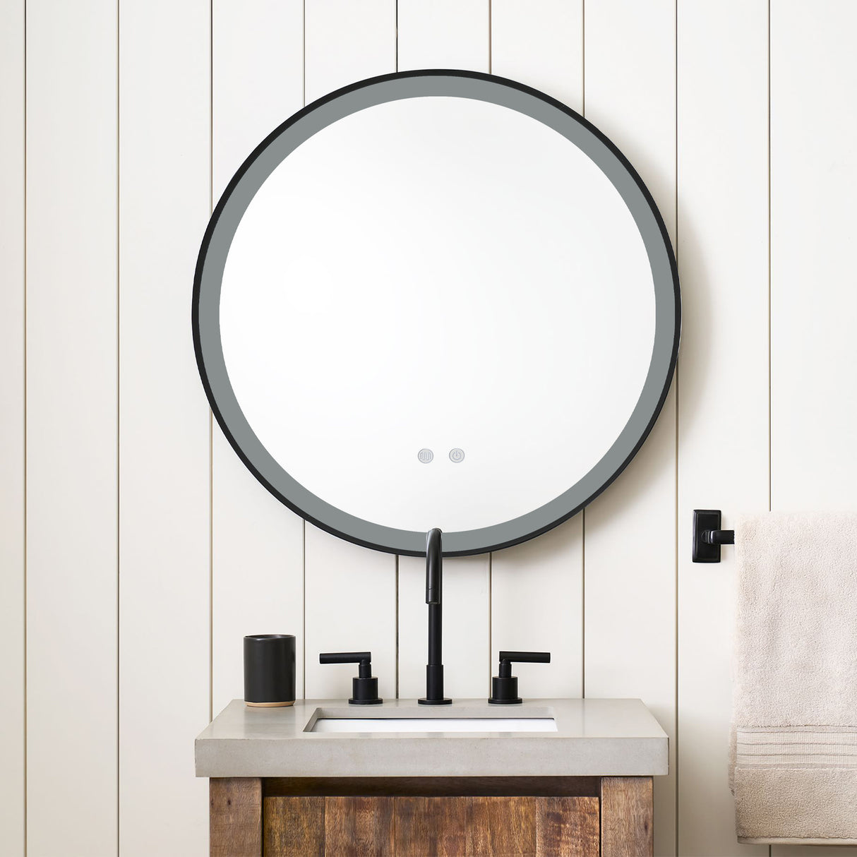 Black 60cm Round Metal Framed LED Wall Mirror