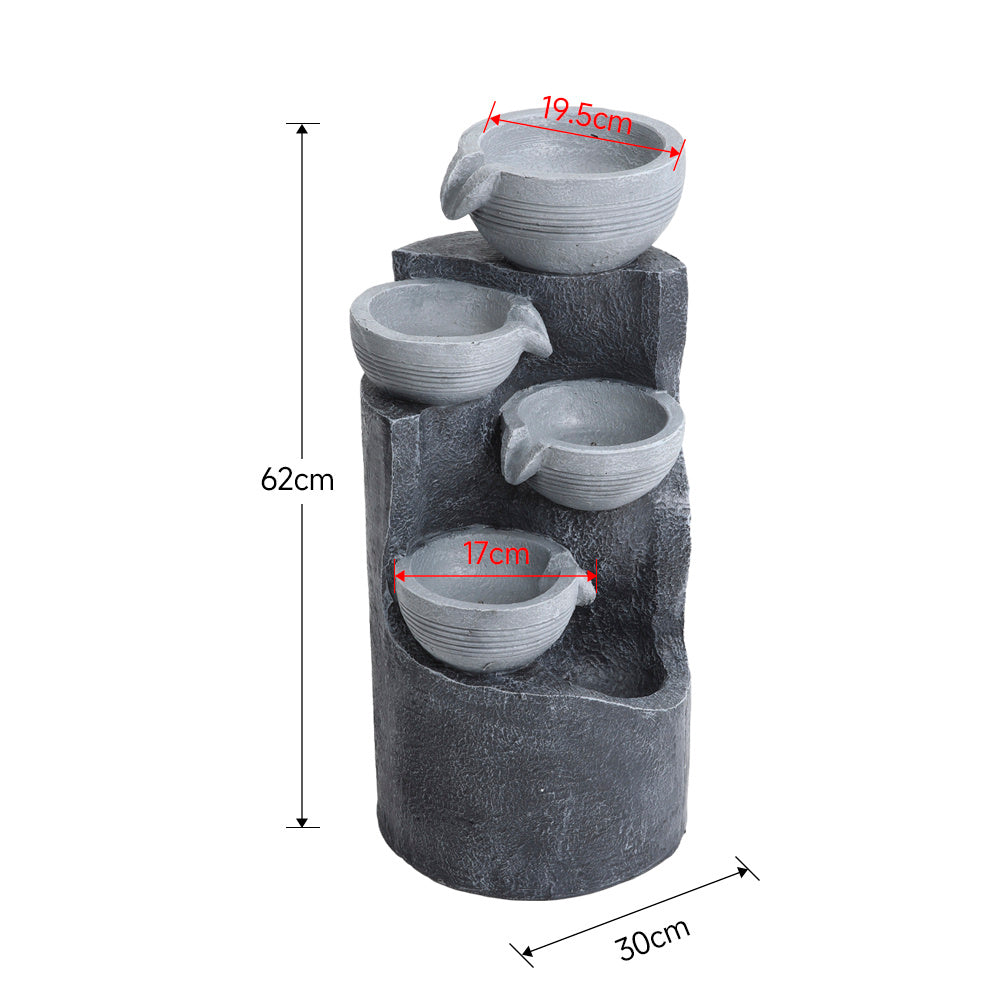 4 Tier Bowl Outdoor Solar Powered Water Fountain Rockery Decor with LED Light