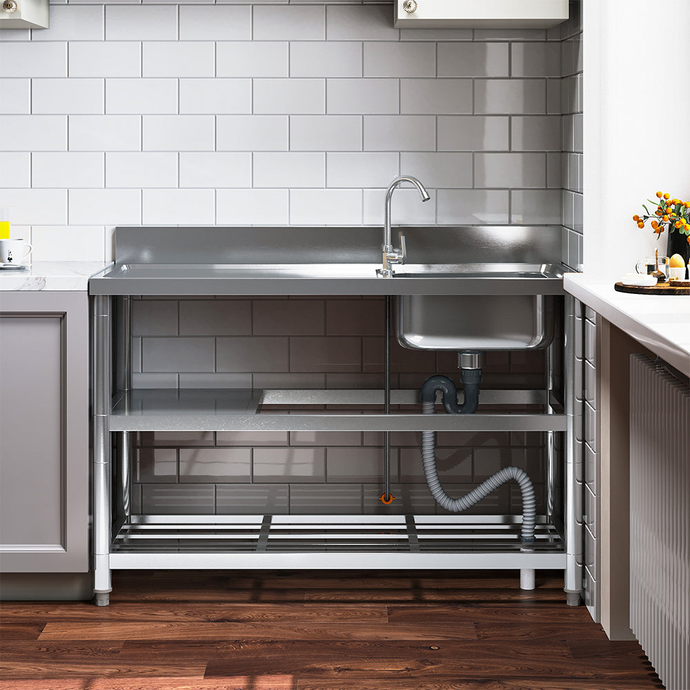 Silver 120cm Stainless Steel Kitchen Compartment Sink with Shelves