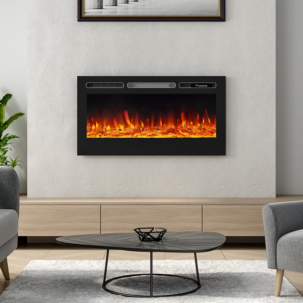 LED Electric Wall Mounted Fireplace Recessed Fire Heater 12 Flames With Remote, Black 40inch