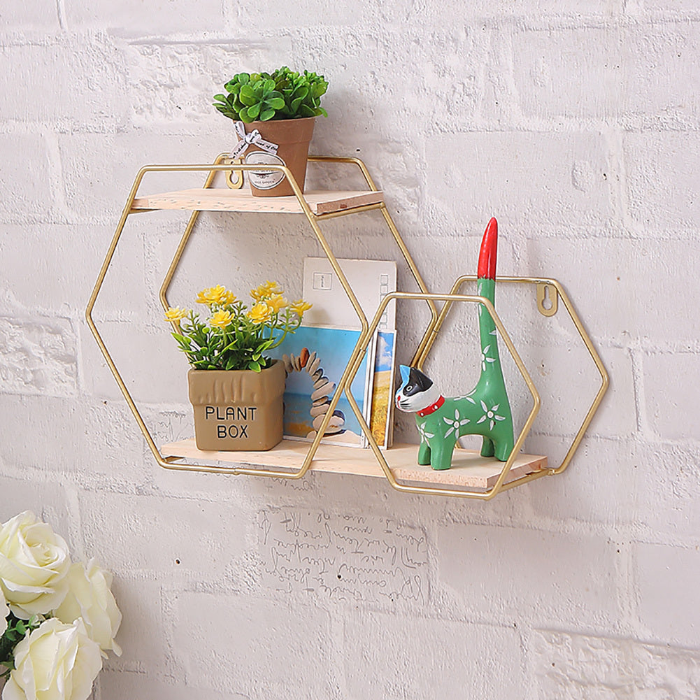 Dual Hexagonal Floating Wall Mounted Shelf Metal Space Saving Decor