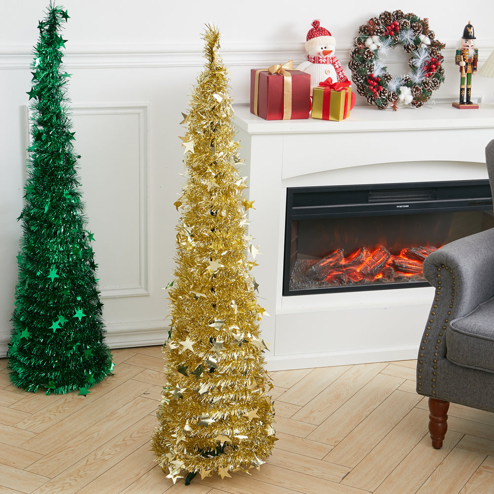 Gold Collapsible Pop Up Tinsel Christmas Tree with Base 1.2M