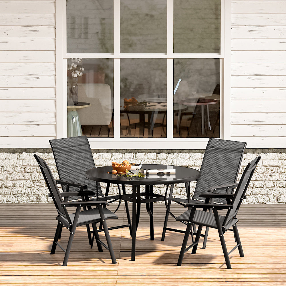 Set of 5 Garden 105CM Patio Glass Umbrella Round Table and Folding Chairs Set