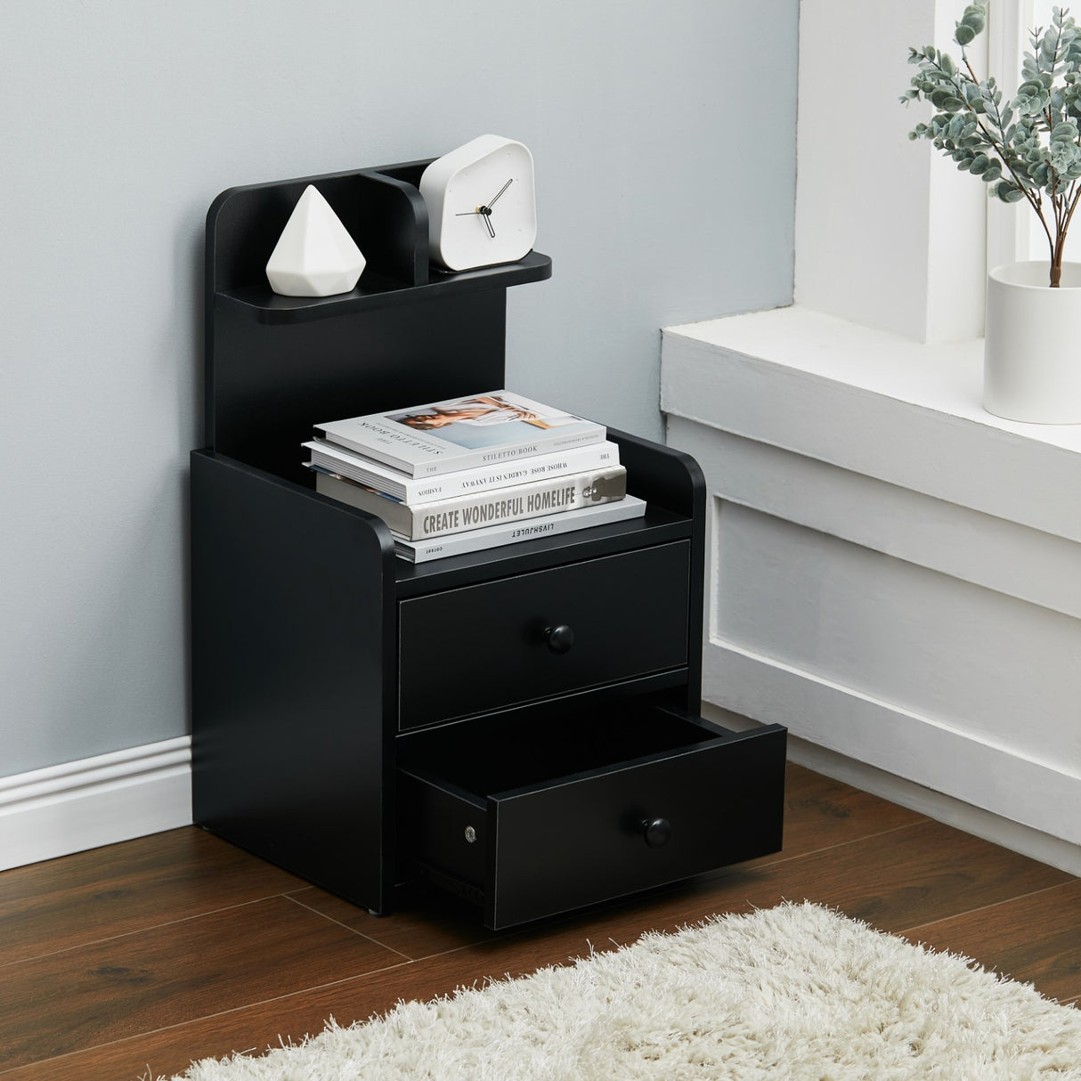 Wood Black Bedside Table Nightstand With two Drawers