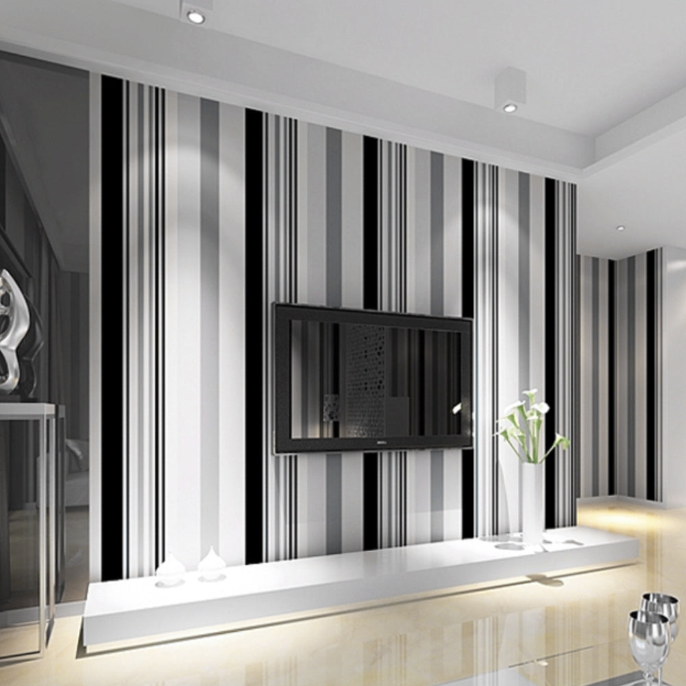 Modern Black White Grey Striped Non Woven Wallpaper