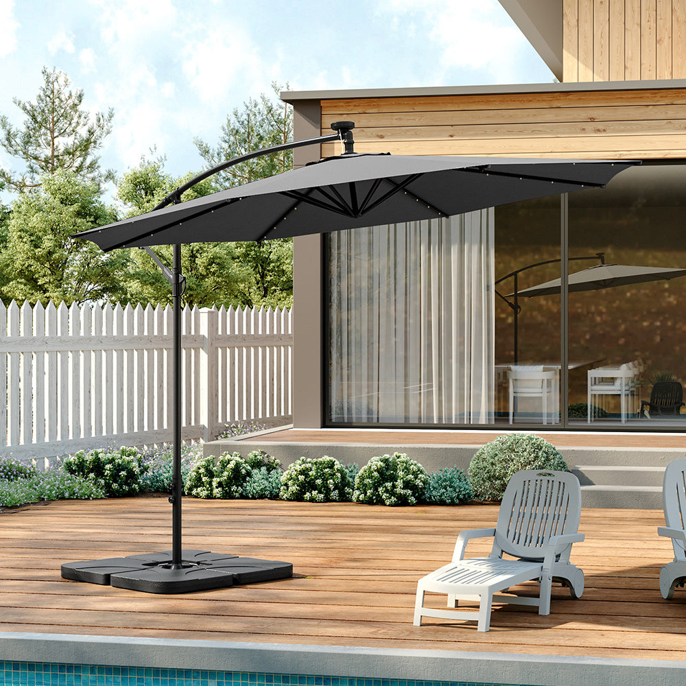 3M Large Garden Hanging LED Parasol Cantilever Sun Shade Banana Umbrella with Cross Base, Dark Grey
