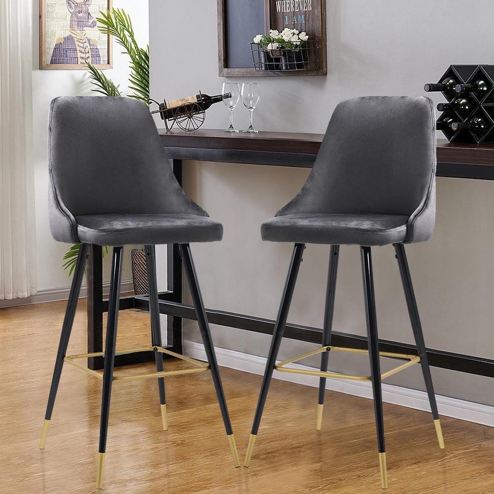 Set of 2 Velvet High foot Bar Stool Buttoned Back Grey