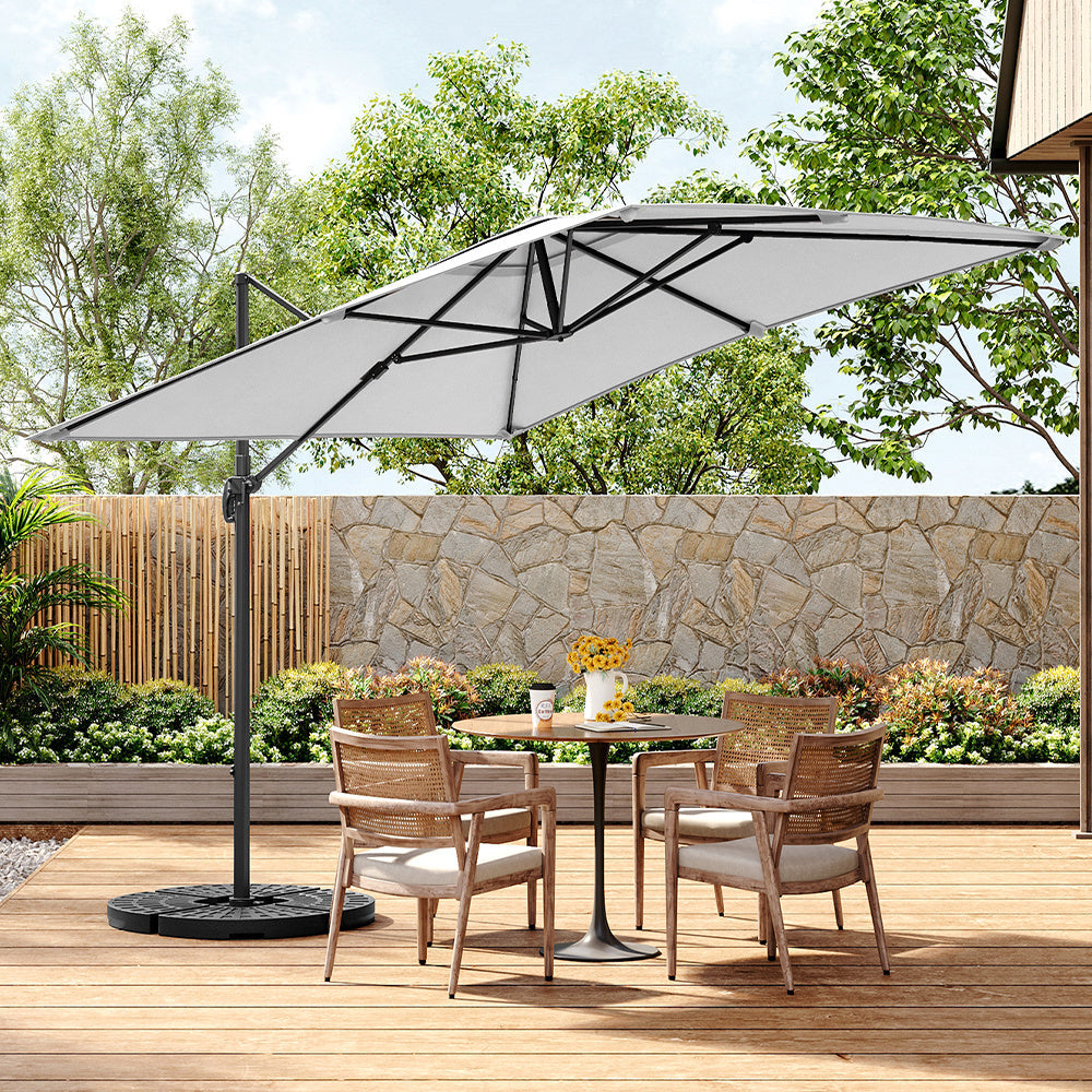 3M Large Garden Roma Tilting Aluminium Cantilever Parasol With Fanshaped Base, Light Grey