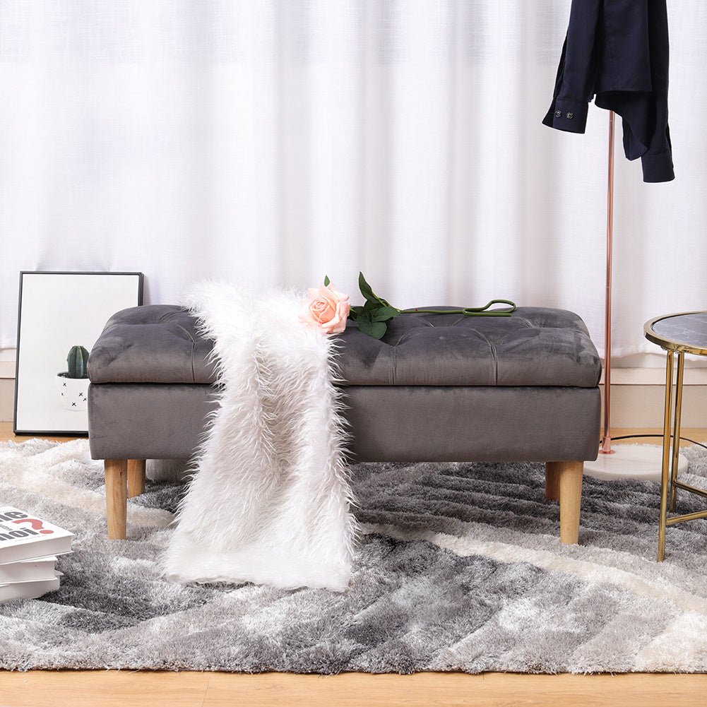 100CM Grey Velvet Storage Ottoman Footstool Rubber with Wooden Leg