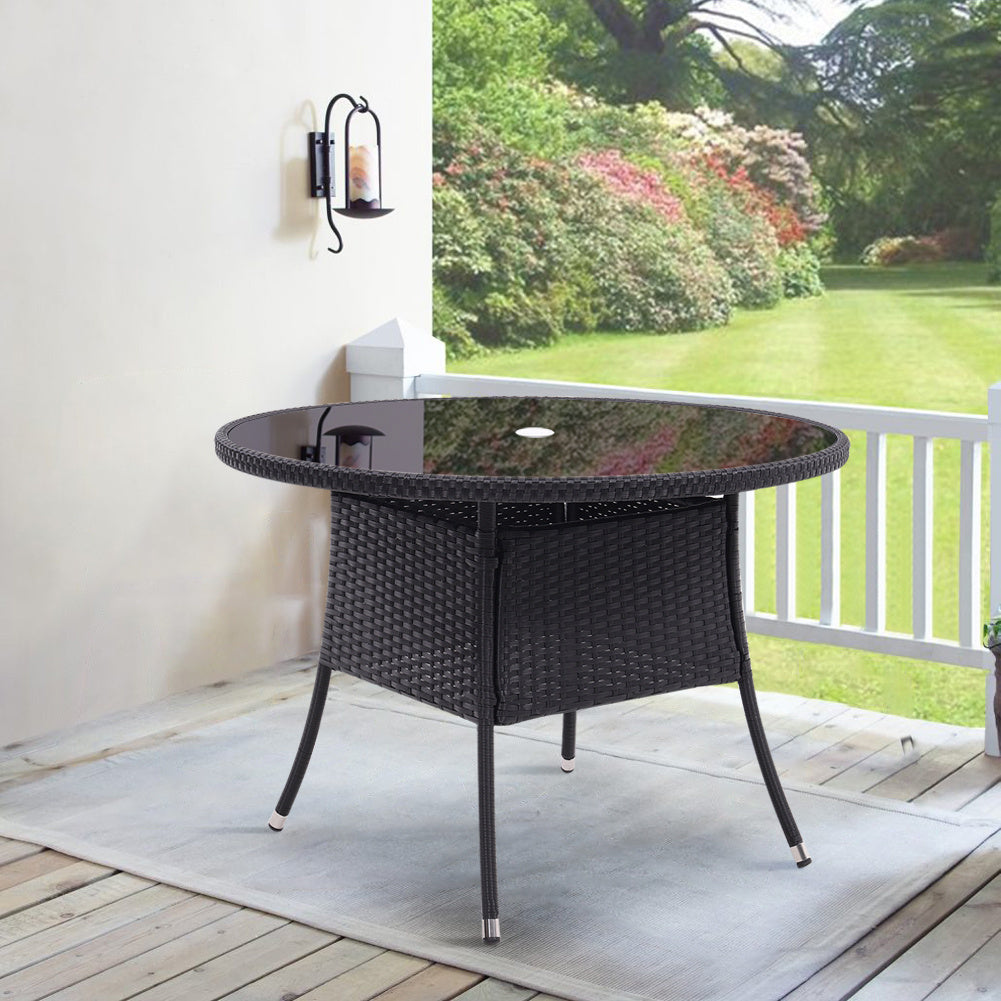 105CM Patio Garden Round Rattan Glass Table With Umbrella Hole Black