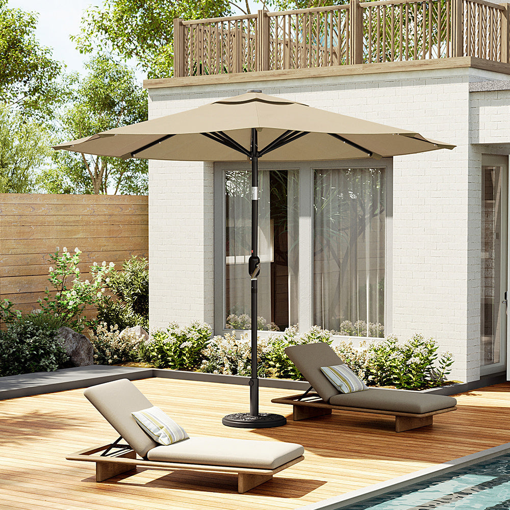 3M Large Garden LED Parasol Outdoor Umbrella with Light Sun Shade Crank Tilt with 10KG Round Base, Beige