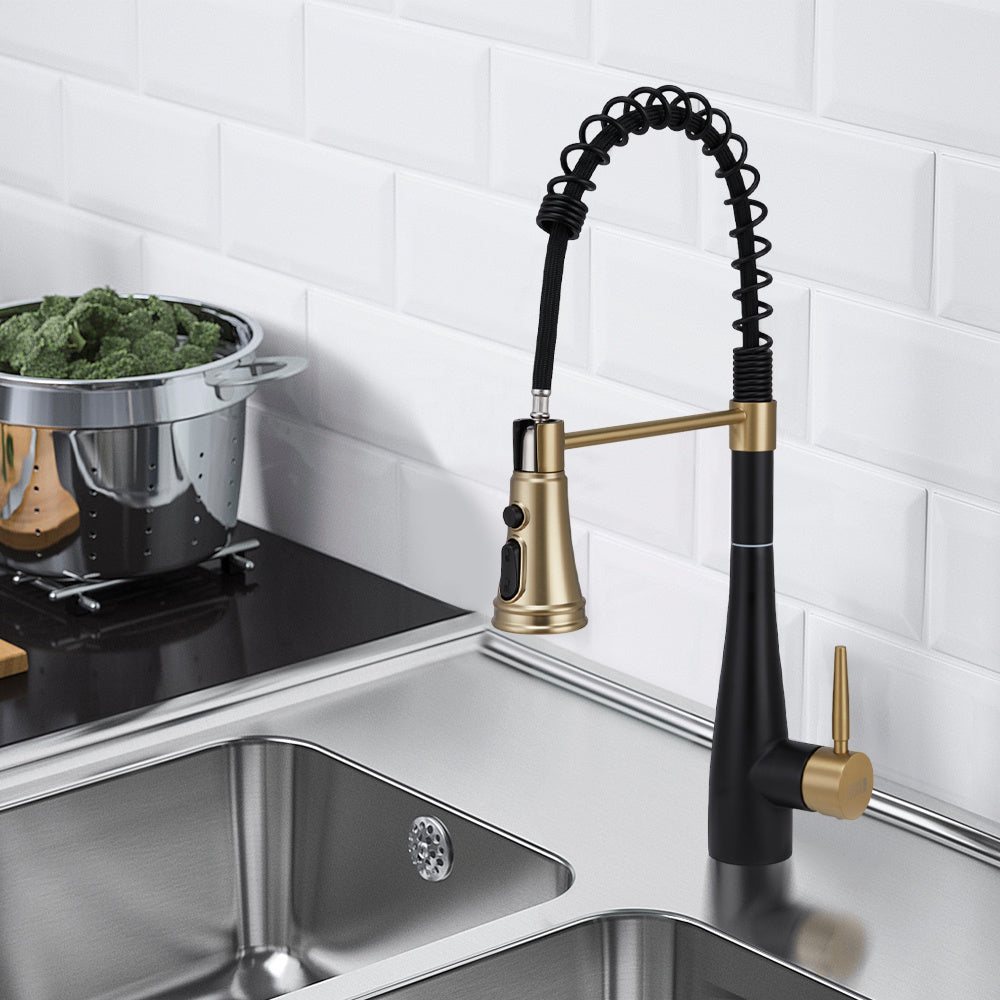 Prerinse Pull Down Swivel Kitchen Faucet,Black and Gold
