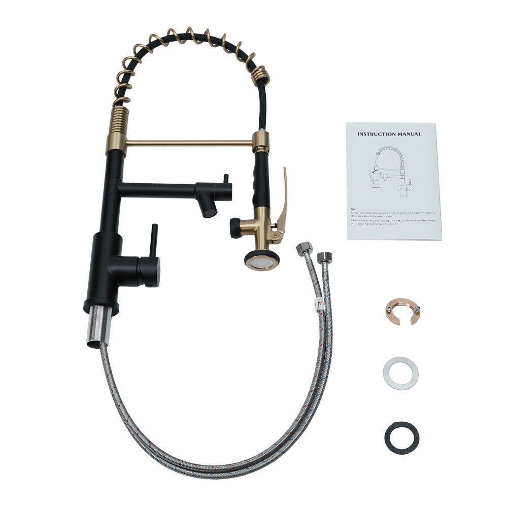 Swivel Kitchen Mixer Tap Dual Spout with Pull Down Sprayer and Pot Filler,Black and Golden