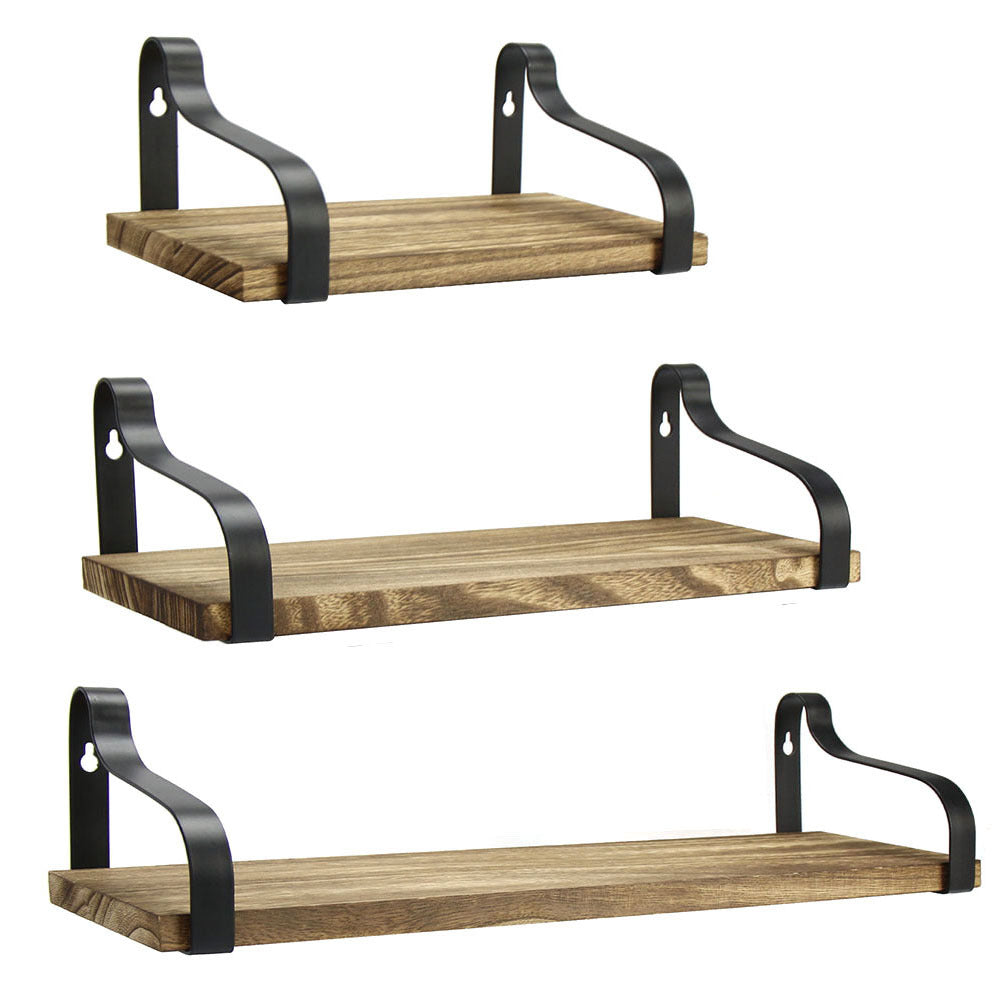 Set of 3 Floating Industrial Wood Metal Wall Shelf Storage Unit