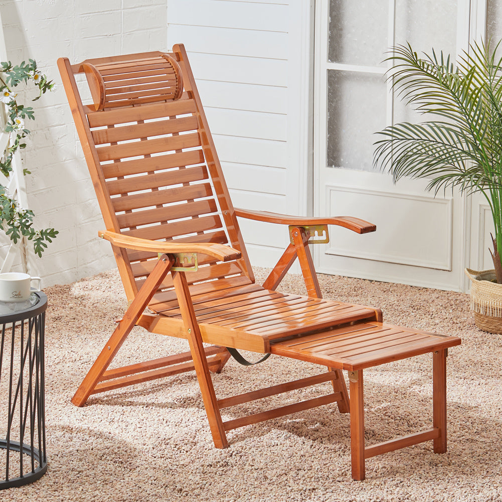 Bamboo Foldable Recliner Lounge Chair with Footrest with Retractable Footrest