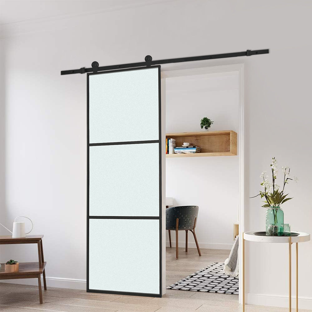 3 Frosted Glass Black Barn Door with Sliding Hardware Kit