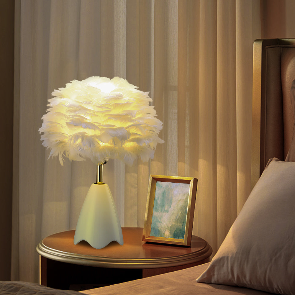 LED Feather Table Lamp with Ceramic Base Bedside Light Lounge Lighting