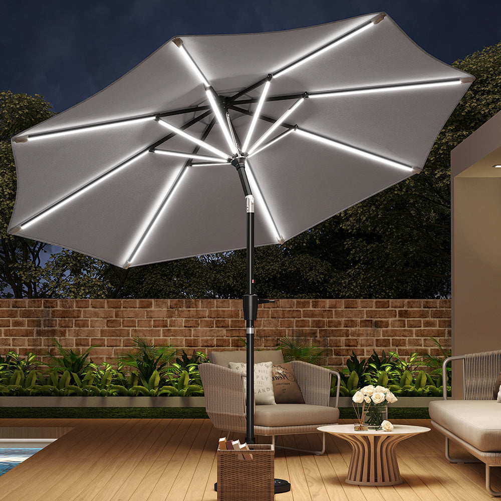 3M Light Grey Large Garden LED Parasol Outdoor Beach Umbrella with Light Sun Shade Crank Tilt No Base
