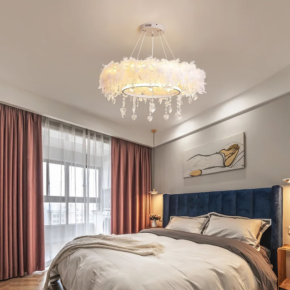 White Double Layer Feather LED Pendant Light with Crystals