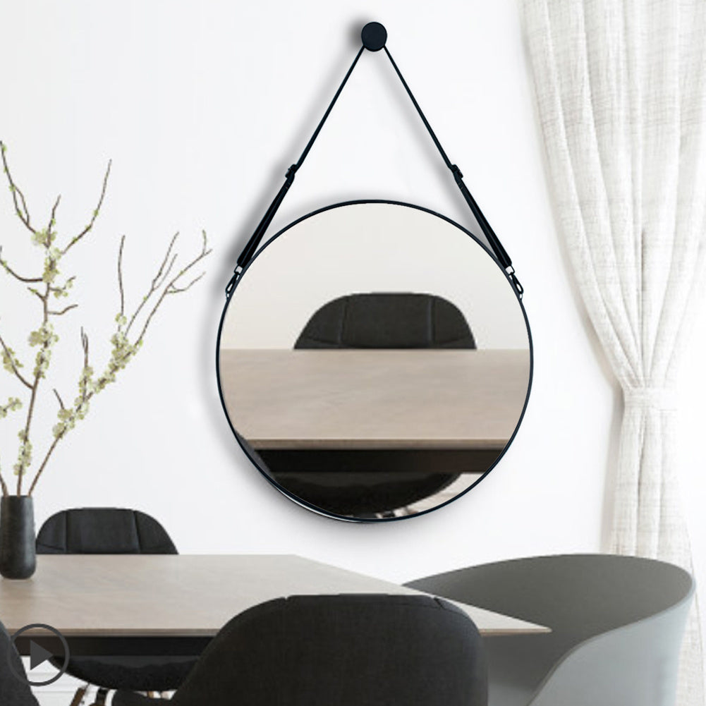 Modern Round Hanging Mirror with Adjustable Leather Strap, Black 60CM