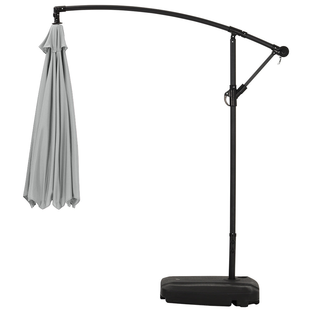 Garden 3M Light Grey Banana Parasol Cantilever Hanging Sun Shade Umbrella Shelter with Rectangle Base