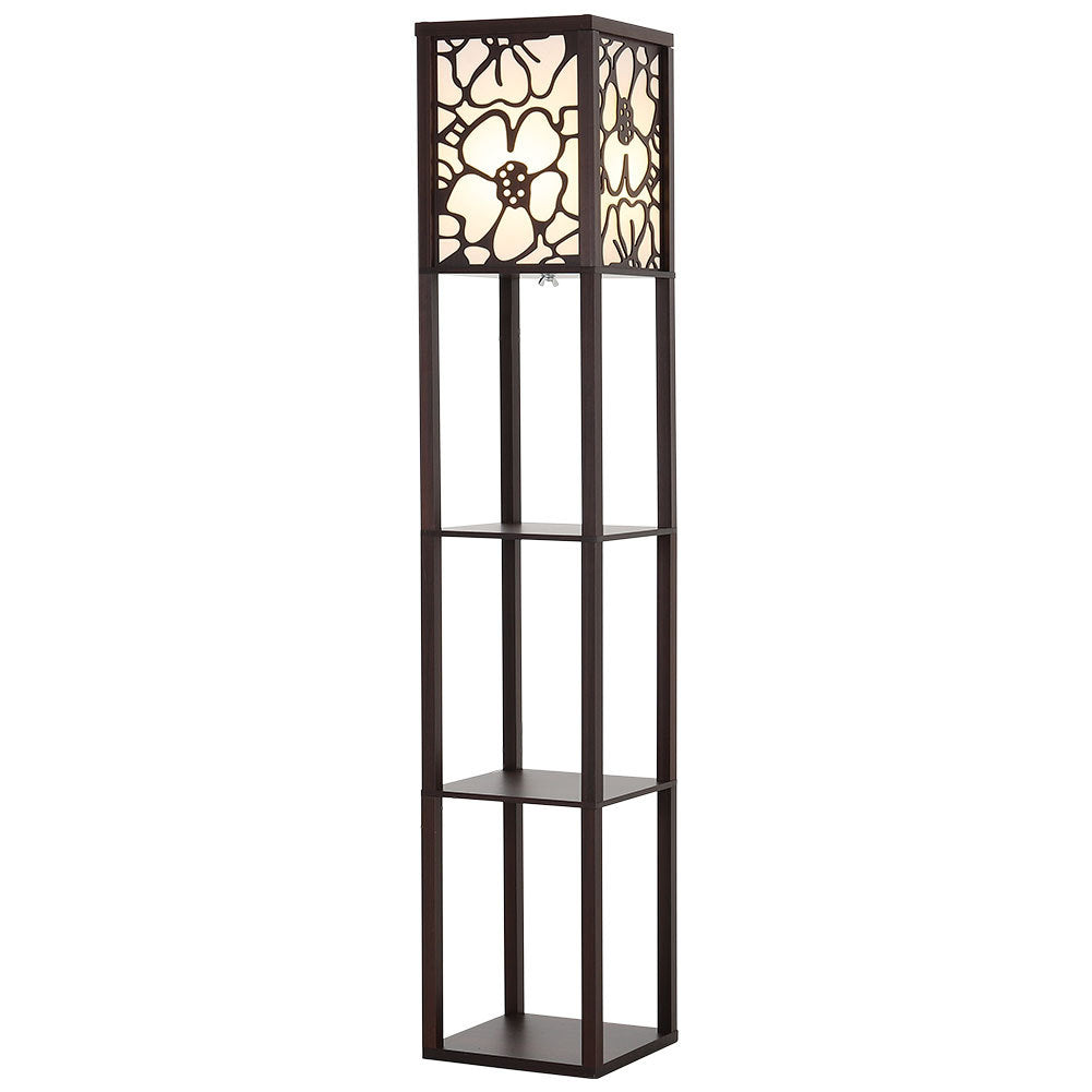 3 in 1 Wooden and Linen Floor Lamp with Shelves,Walnut Flower