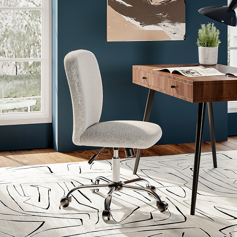 White Plush Office Chair with Wheels No Arms