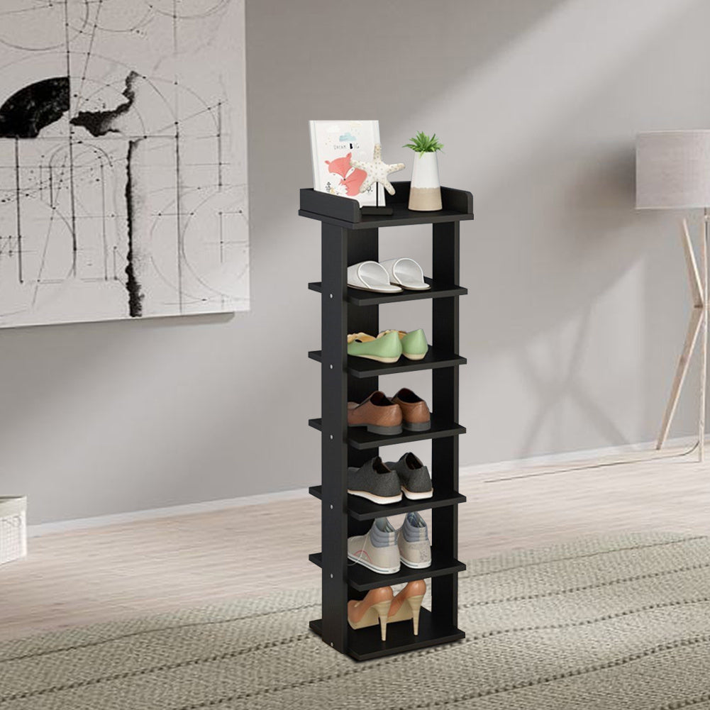 7 Tier Black Wood Shoe Rack Storage Shelf