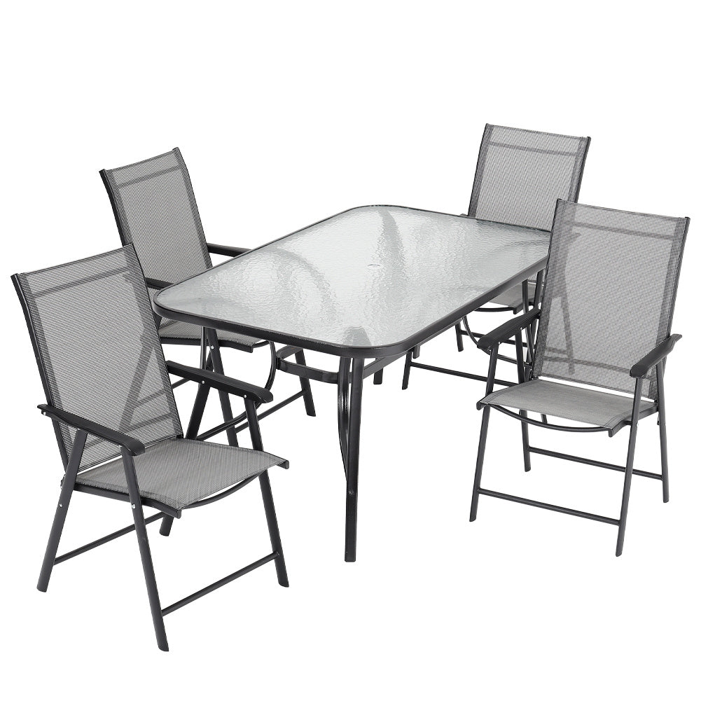 Set of 5 Garden 150CM Ripple Glass Rectangle Umbrella Table and Folding Chairs Set, Black
