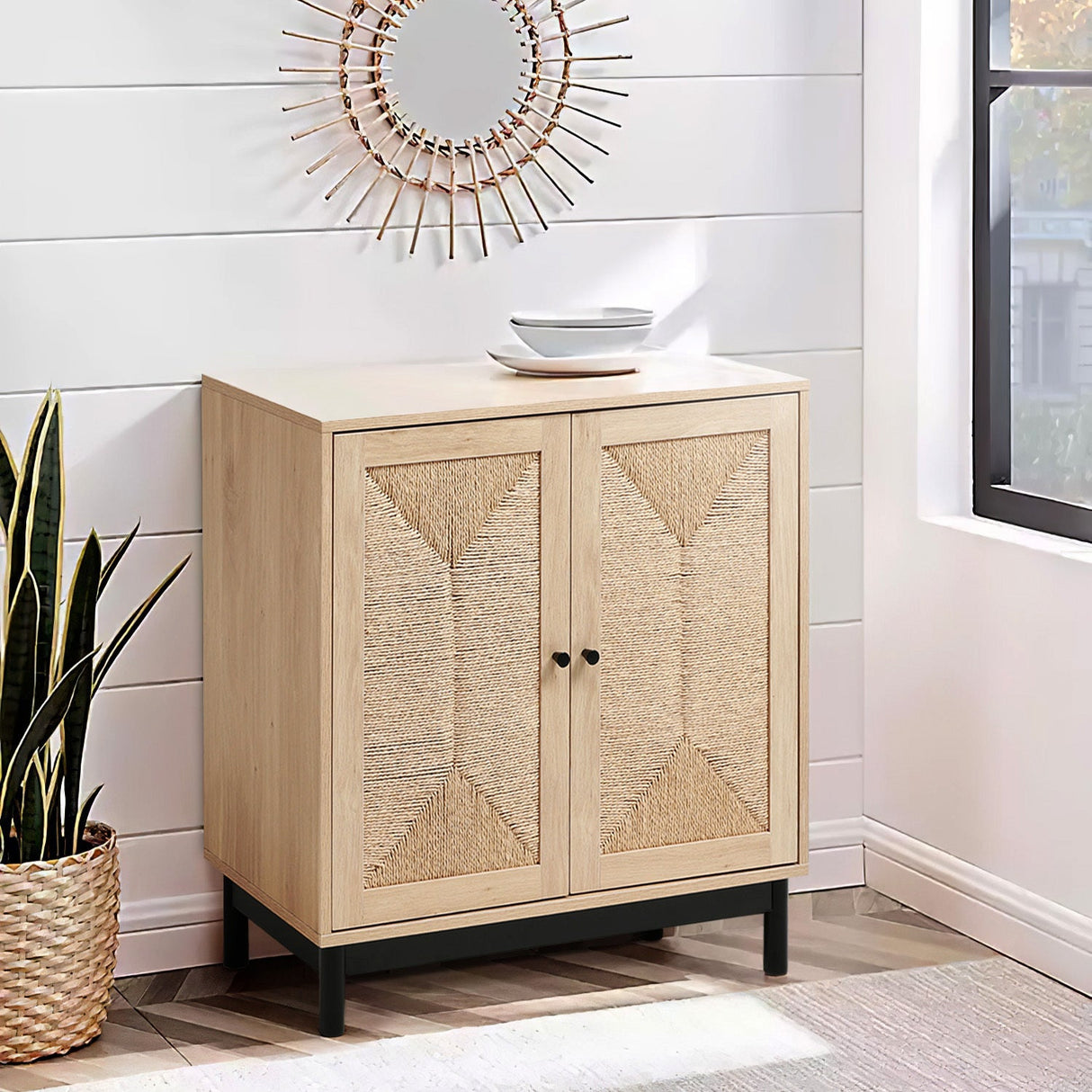 Rustic Wooden Sideboard with Woven Doors