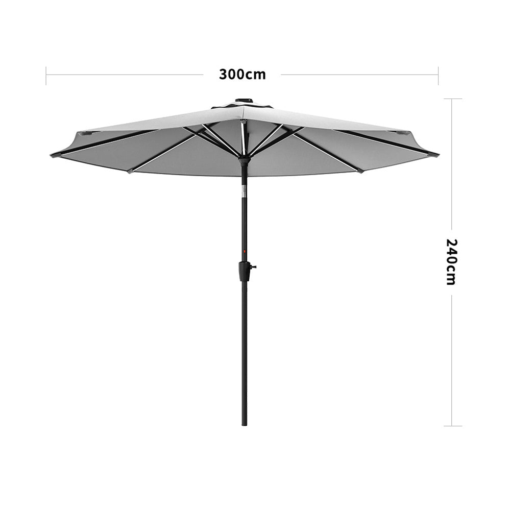 3M Light Grey Large Garden LED Parasol Outdoor Beach Umbrella with Light Sun Shade Crank Tilt No Base