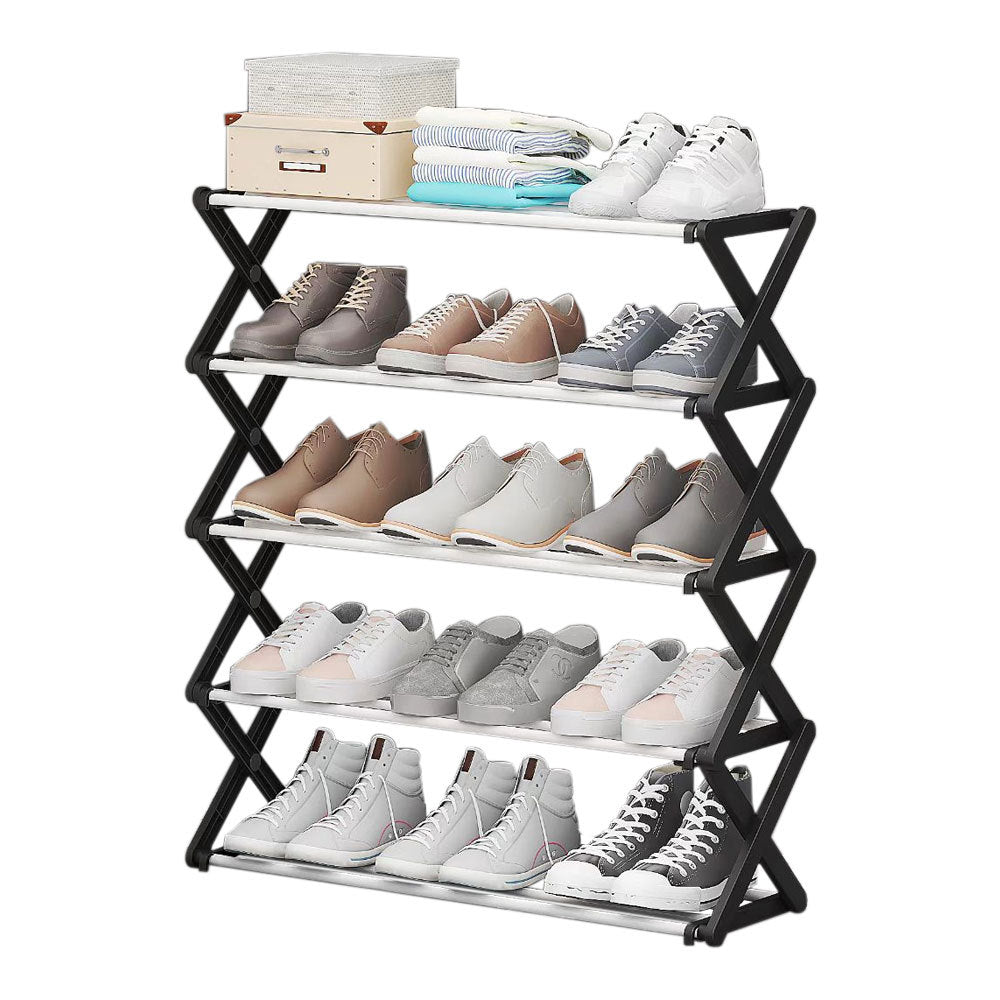 Black Foldable 5 Tier Metal Shoe Rack