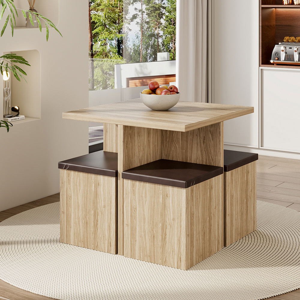 Wood Versatile Table and 4 Storage Stools Set,Natural And Brown