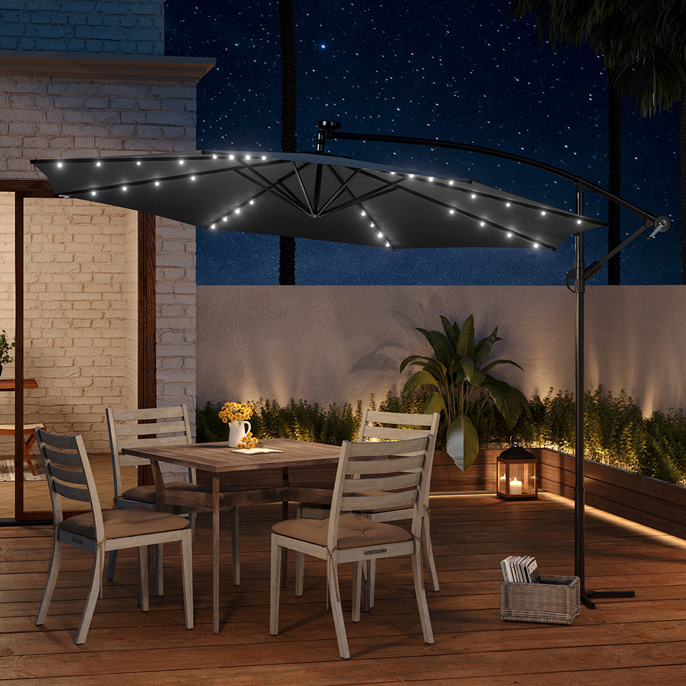 3M Large Garden Hanging LED Parasol Cantilever Sun Shade Banana Umbrella No Base, Dark Grey