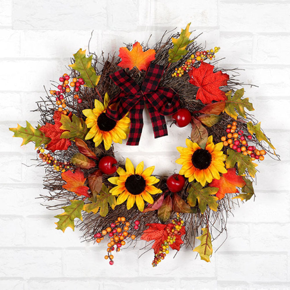Christmas Halloween Artificial Maple Wreath Rattan with LED Light, Sunflower 45CM