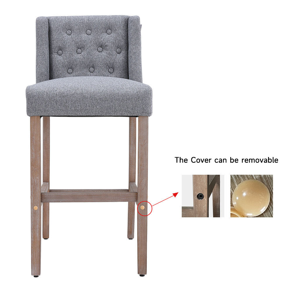 Rustic Set of 2 Bar Stools Linen Tufted with Wood Legs