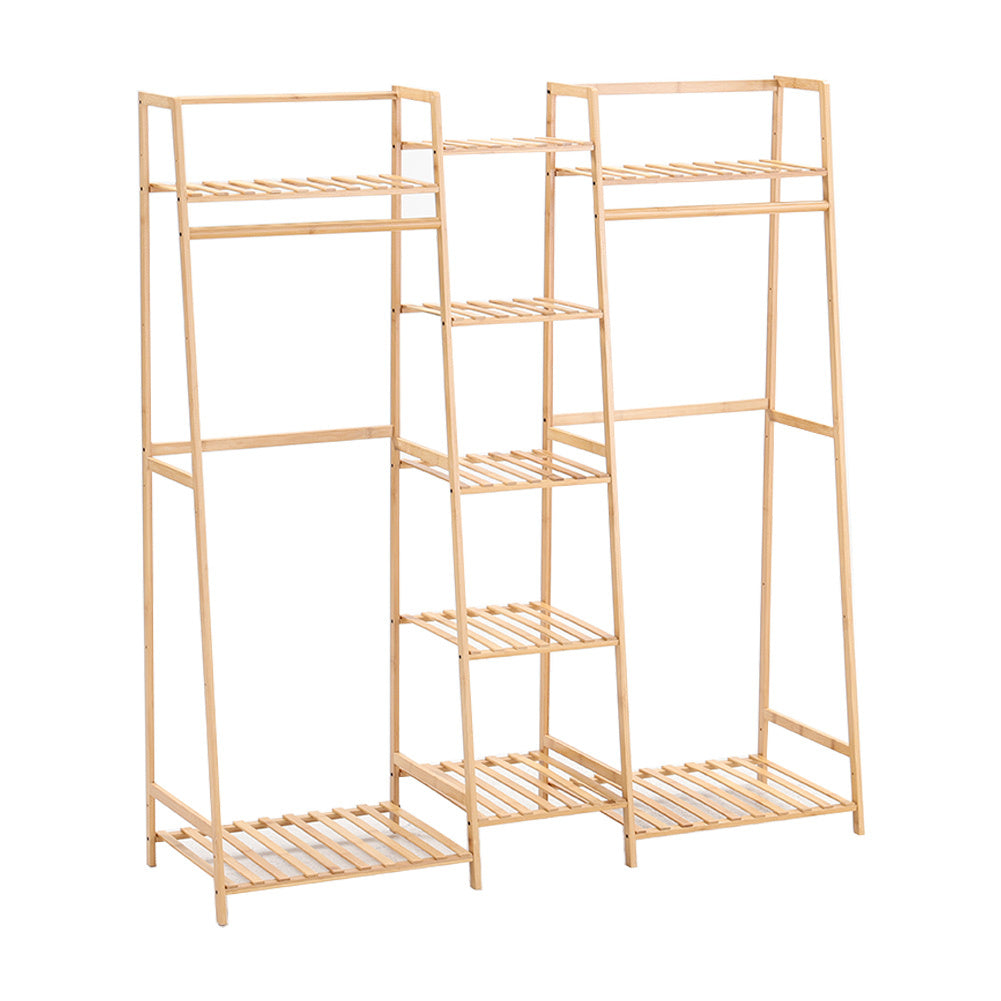 Natural Wood Bamboo Trapezoid Storage Shelves Clothes Hanging Rack