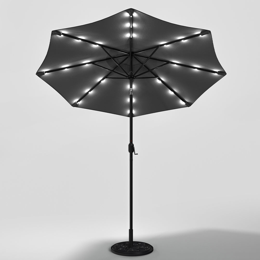 3M Large Garden LED Parasol Outdoor Beach Umbrella with Light Sun Shade Crank Tilt with 10KG Round Base, Dark Grey
