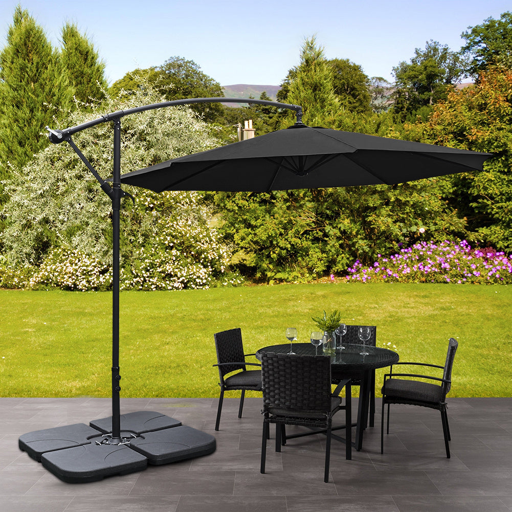 Garden 3M Black Banana Parasol Cantilever Hanging Sun Shade Umbrella Shelter with Square Base